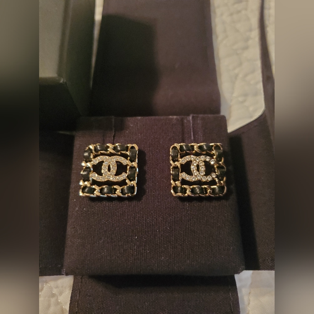 Chanel Crystal and Leather Earrings